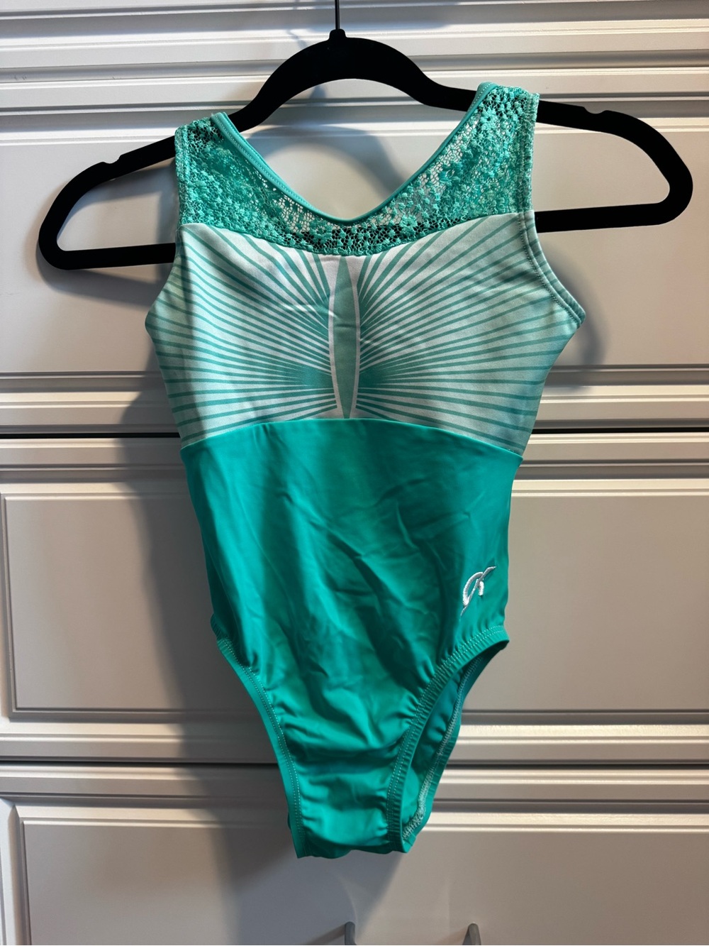 GK Mint Girls' Leotard with Lace Yoke and Radiant Stripe